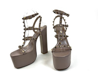 Excellent Pre-Loved Mauve Leather Studded Strappy Platform Block Heel Sandals. (front)