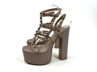 Excellent Pre-Loved Mauve Leather Studded Strappy Platform Block Heel Sandals. (side)