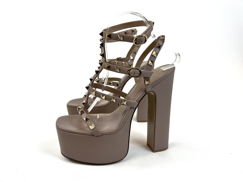 Excellent Pre-Loved Mauve Leather Studded Strappy Platform Block Heel Sandals. (side)