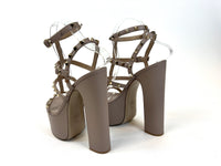 Excellent Pre-Loved Mauve Leather Studded Strappy Platform Block Heel Sandals. (back)