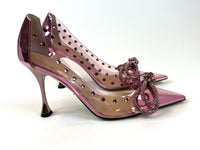 Excellent Pre-Loved Pink PVC Point Toe Heels with Crystal Embellished Double Bow and Details. (side)
