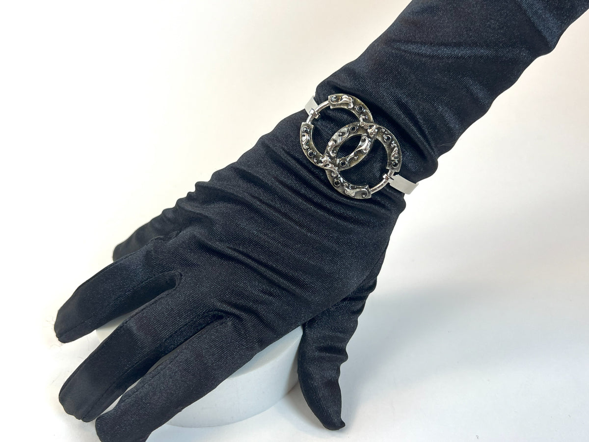 Excellent Pre-Loved Dark Silver Tone Bracelet with Crystal Embellished Logo Clasp(on wrist)