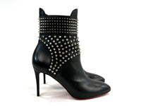Excellent Pre-Loved Black Leather Silver Studded Point Toe Stiletto Heel Ankle Boots.(side)