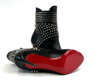 Excellent Pre-Loved Black Leather Silver Studded Point Toe Stiletto Heel Ankle Boots.(bottom)