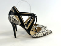Excellent Pre-Loved Exotic Leather with Black Leather Details Point Toe Strappy Heels.(side)