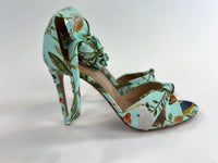 Excellent Pre-Loved Light Blue Fabric Open Toe Sandals with Floral Print and Ankle Tie.(side)