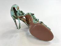 Excellent Pre-Loved Light Blue Fabric Open Toe Sandals with Floral Print and Ankle Tie.(bottom)