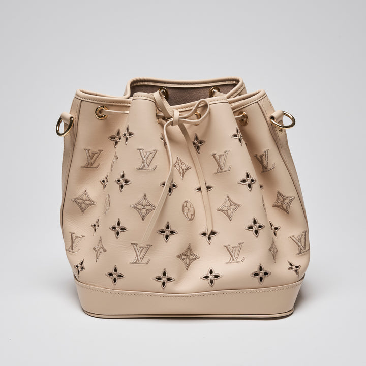 Louis Vuitton Beige Calfskin Perforated Leather Petit Noe Broderie Anglaise Bucket Bag