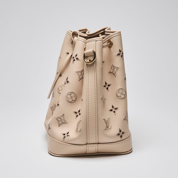Louis Vuitton Beige Calfskin Perforated Leather Petit Noe Broderie Anglaise Bucket Bag