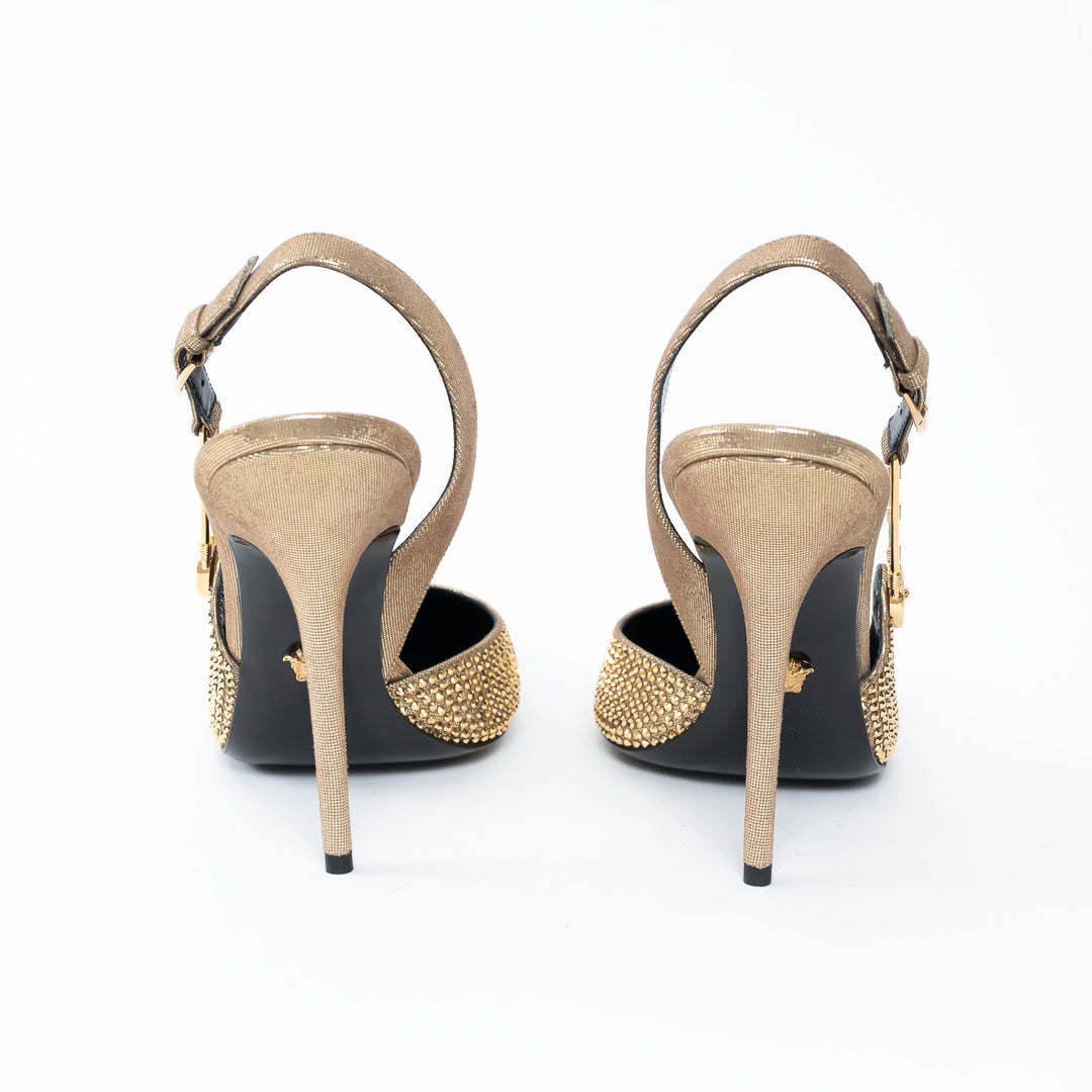 Versace Gold Crystal Embellished Slingback Pumps Size 40