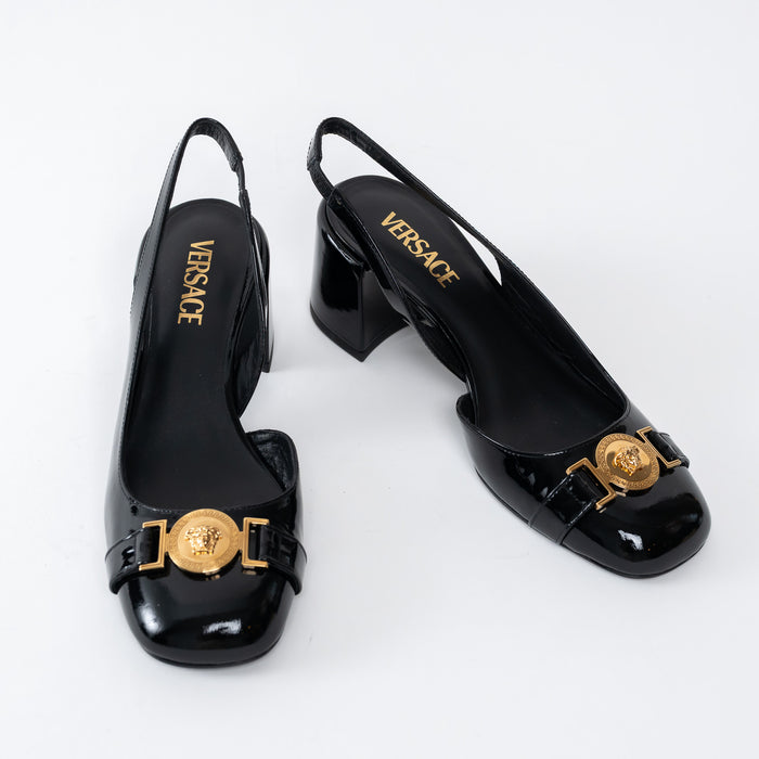 Versace Black Patent Block Slingback Heels Size 39