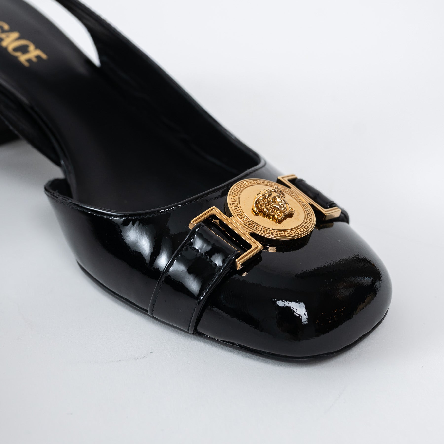 Versace Black Patent Block Slingback Heels Size 39 – LFC Ltd