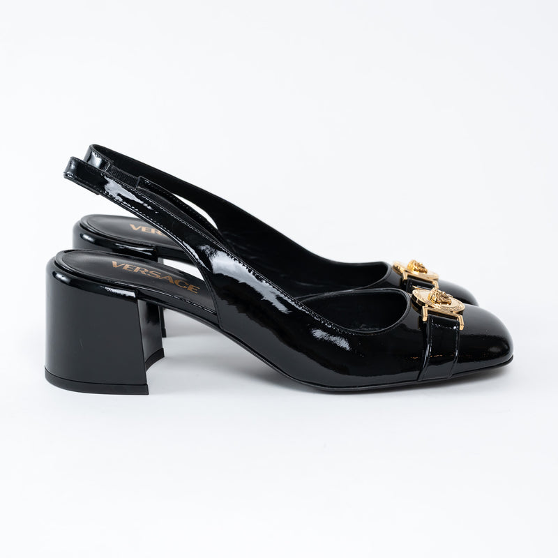 Versace Black Patent Block Slingback Heels Size 39