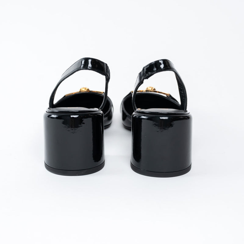 Versace Black Patent Block Slingback Heels Size 39