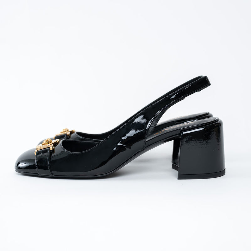 Versace Black Patent Block Slingback Heels Size 39
