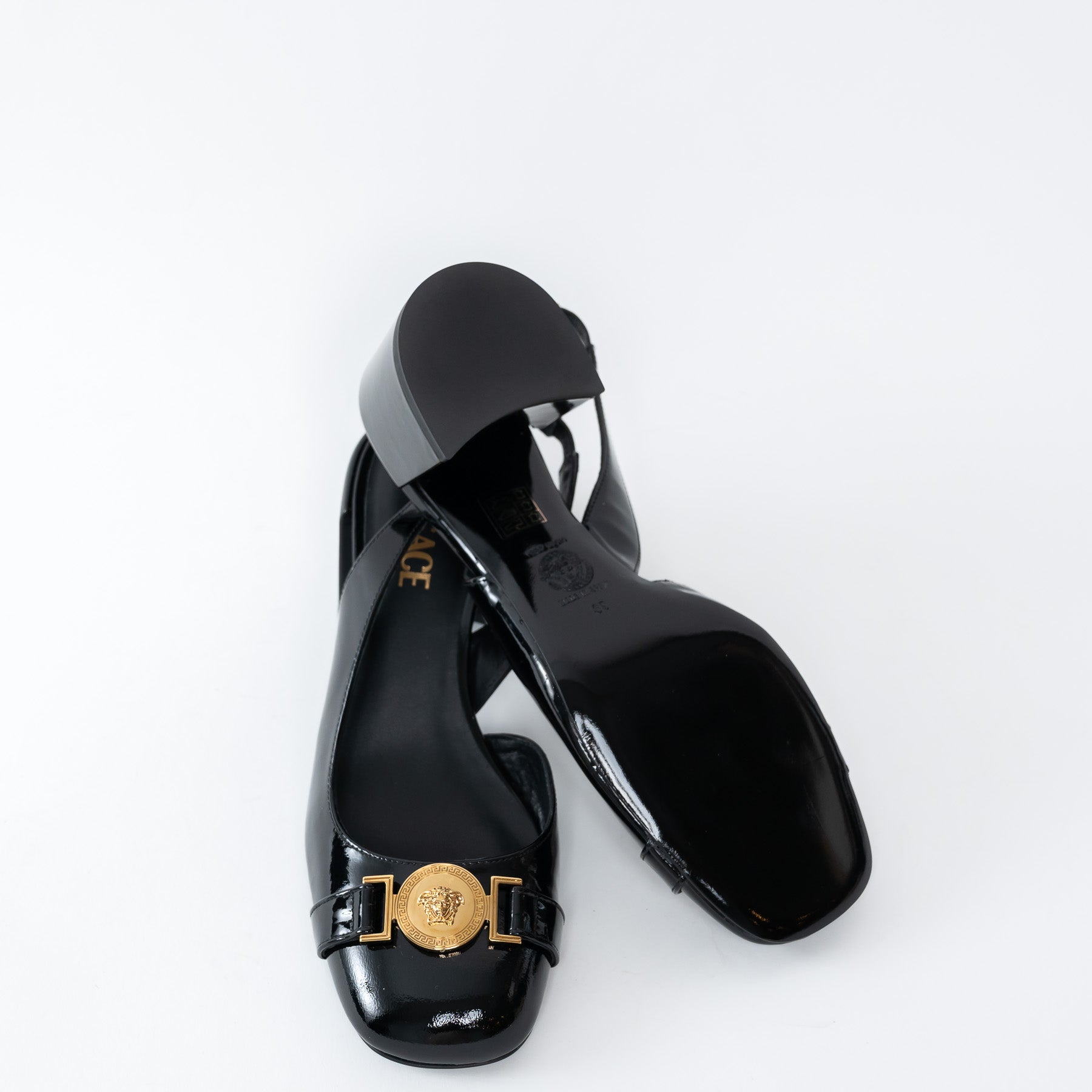 Versace Black Patent Block Slingback Heels Size 39 – LFC Ltd