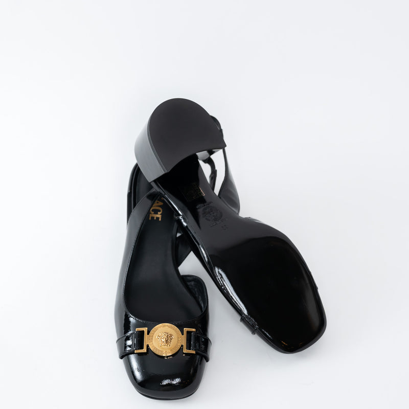 Versace Black Patent Block Slingback Heels Size 39