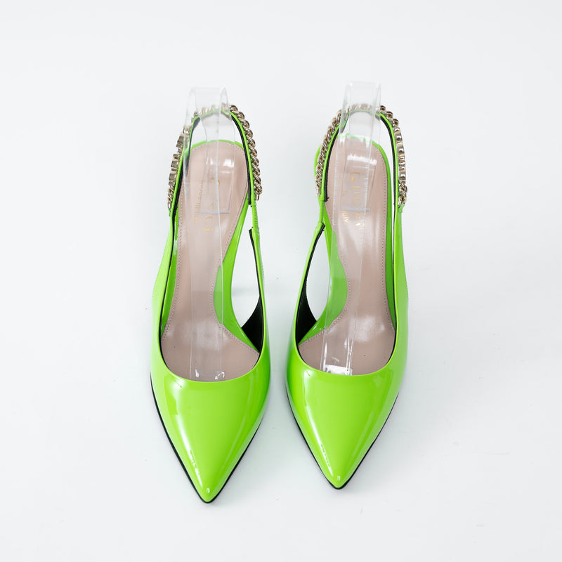 Gucci Neon Green Slingback Heels with Chain Detail Size 36.5