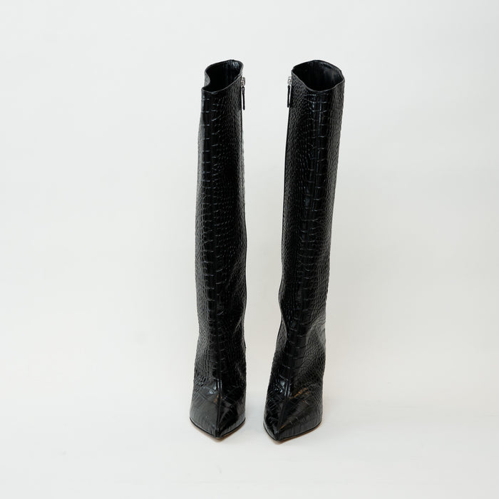 Alexandre Vauthier Black Grained Leather Knee High Boots Size 38
