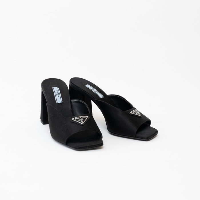 Prada Sandals in Black Satin with SIgnature Prada logo