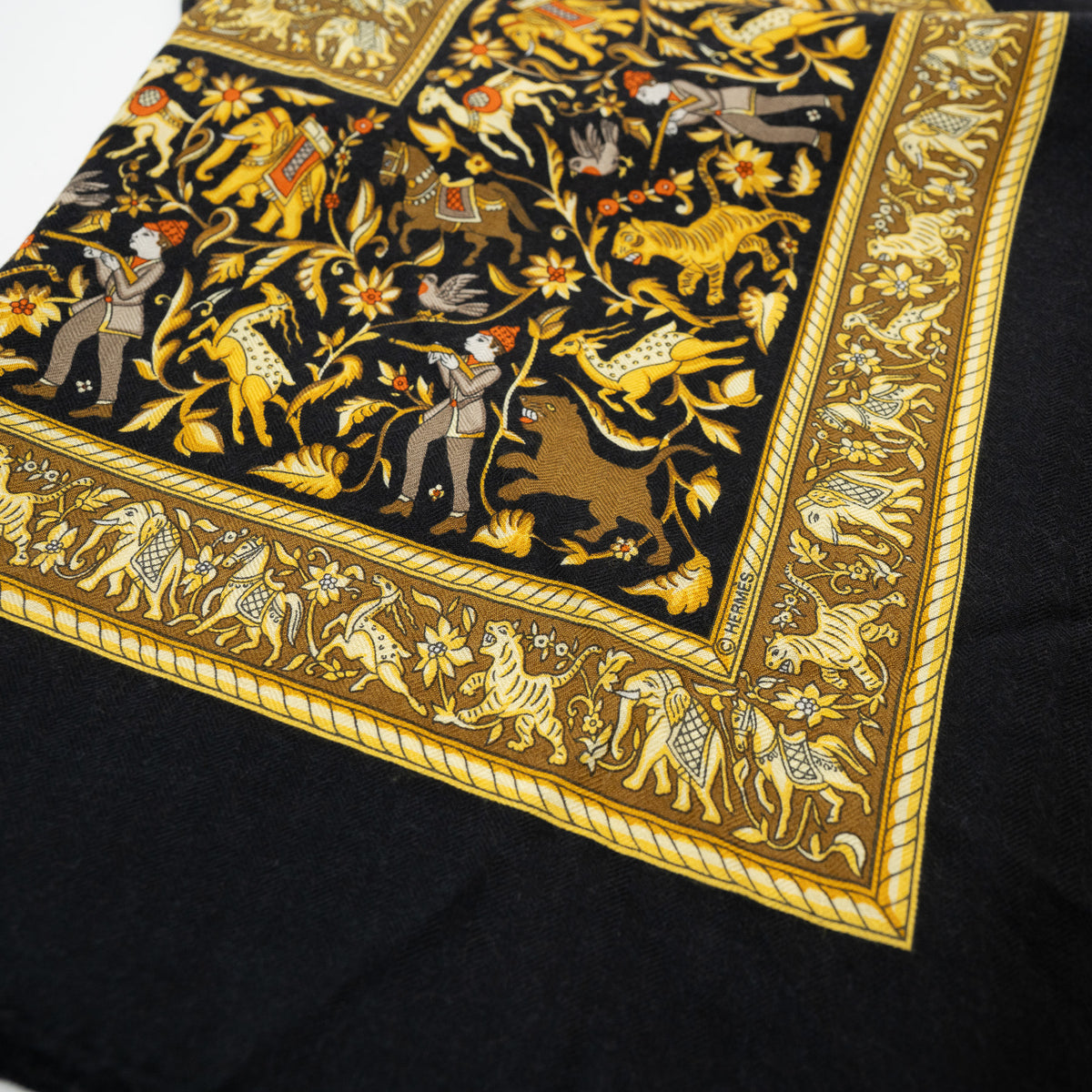 Hermes Black and Gold Silk Chasse En Inde Scarf 90