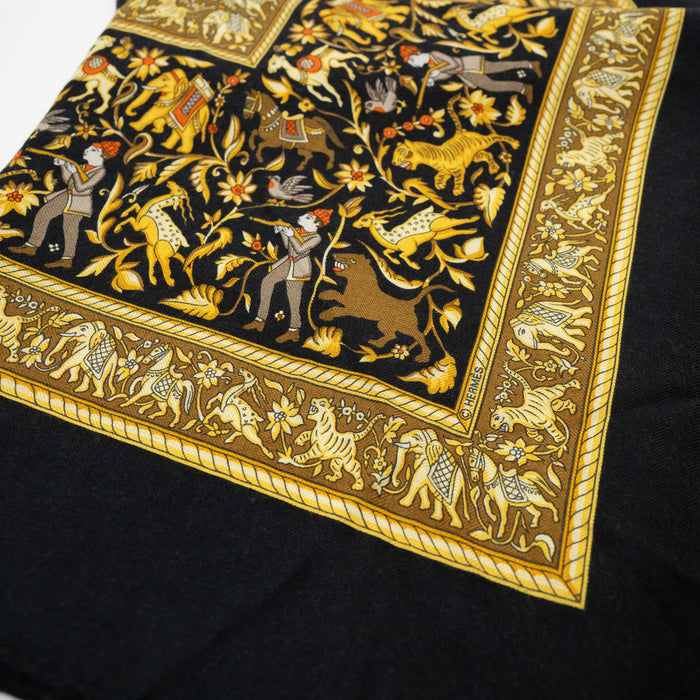 Hermes Black and Gold Silk Chasse En Inde Scarf 90