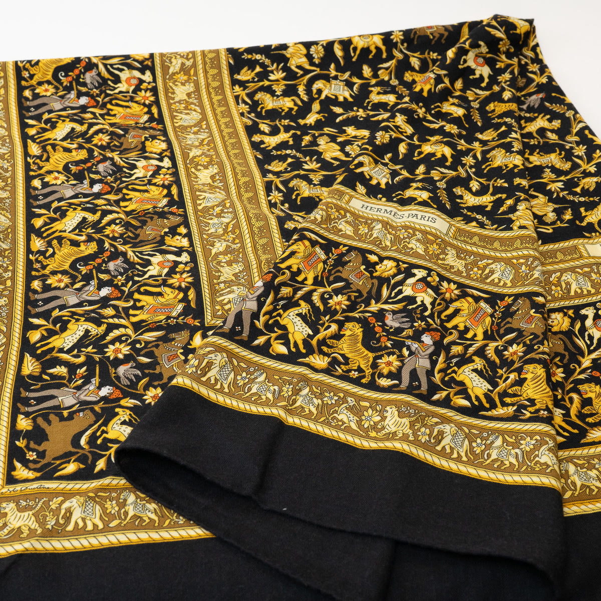 Hermes Black and Gold Silk Chasse En Inde Scarf 90