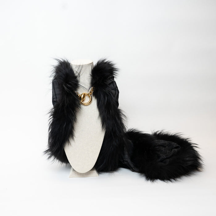 Gucci GG Supreme Wool-Silk Blend Scarf with Fox Fur Trim and Gold Buckle in Black and Grey