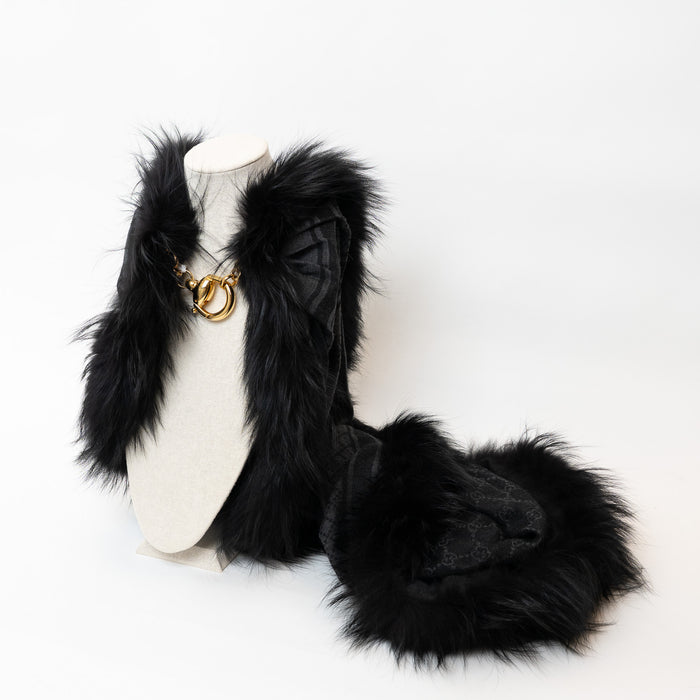 Gucci GG Supreme Wool-Silk Blend Scarf with Fox Fur Trim and Gold Buckle in Black and Gray