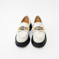 Front View of Gucci Gold Interlocking GG Chain White Leather Platform Loafers 