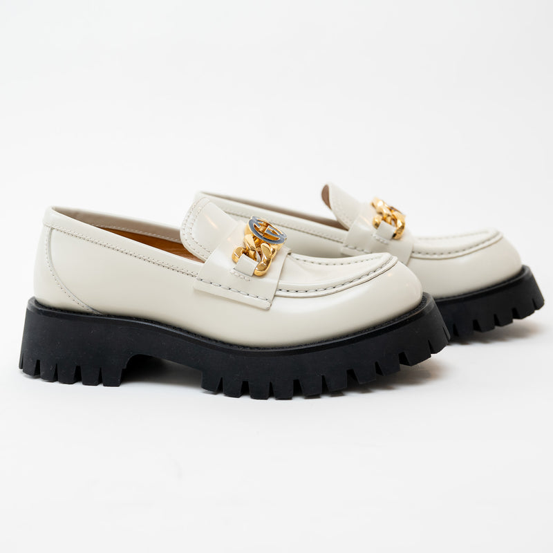 Gucci Gold Interlocking GG Chain White Leather Platform Loafers Size 36.5