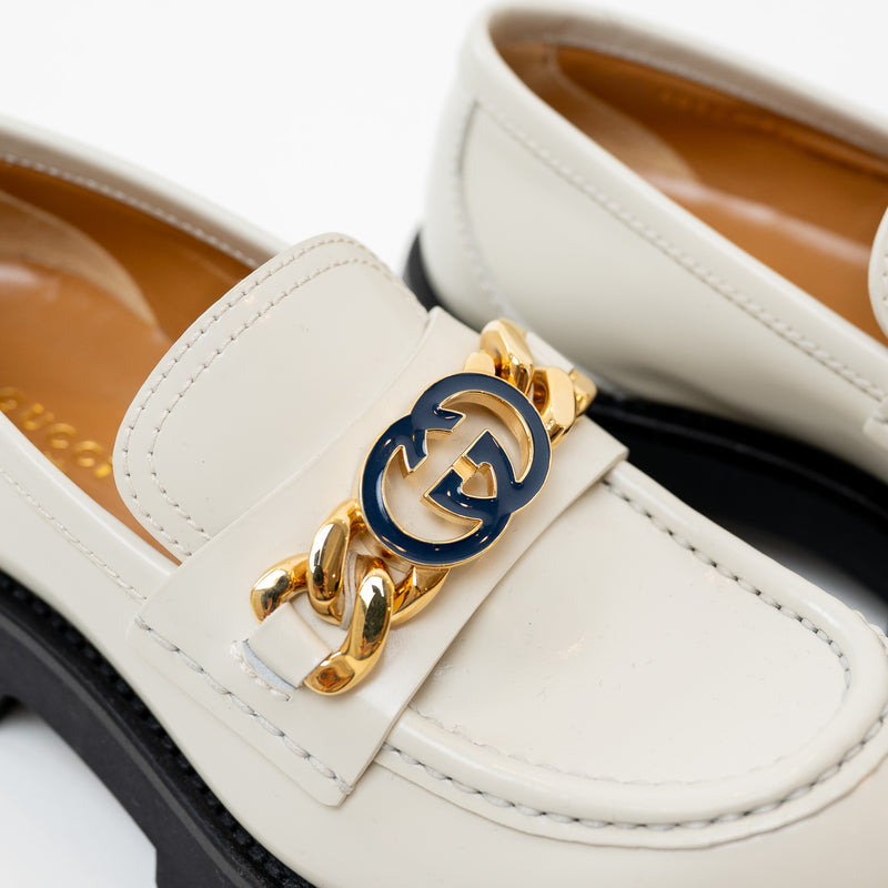 Gucci Gold Interlocking GG Chain White Leather Platform Loafers Size 36.5