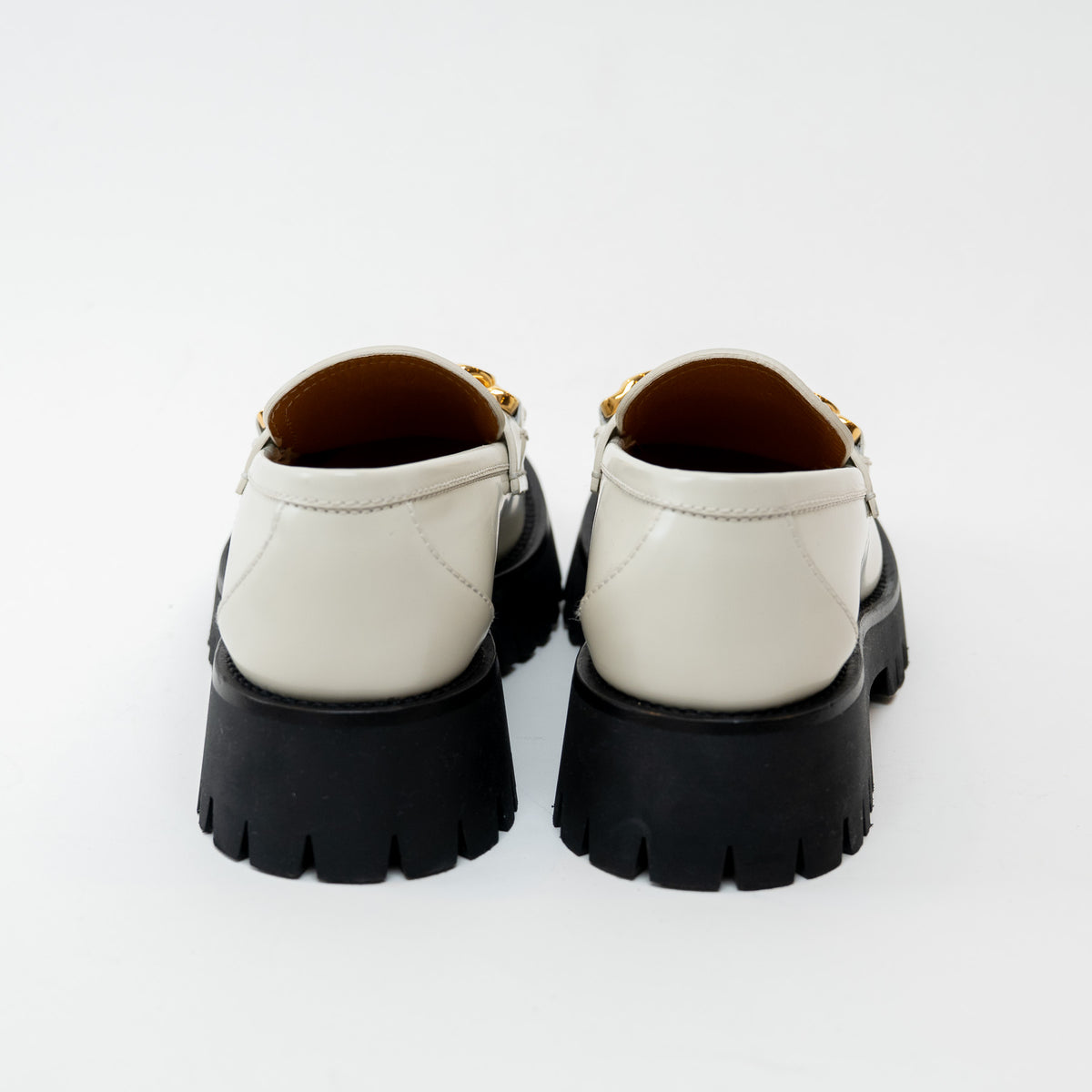 Gucci Gold Interlocking GG Chain White Leather Platform Loafers Size 36.5