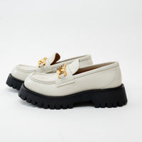 Gucci Gold Interlocking GG Chain White Leather Platform Loafers Size 36.5