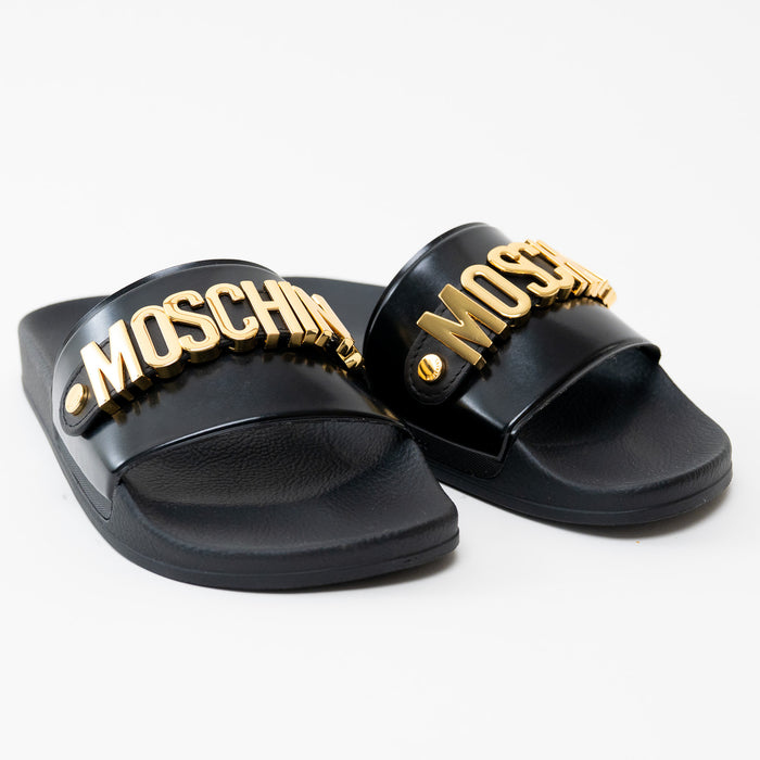 Moschino Black PVC Gold Logo Slides