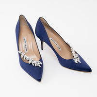 Manolo Blahnik Blue Suede Heels with Crystal Embellishments
