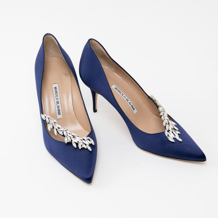 Manolo Blahnik Blue Suede Heels with Crystal Embellishments