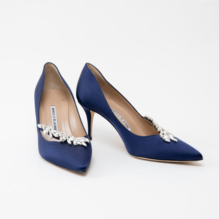 Manolo Blahnik Blue Suede Heels with Crystal Embellishments Size 38