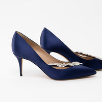 Manolo Blahnik Blue Suede Heels with Crystal Embellishments Size 38