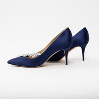Manolo Blahnik Blue Suede Heels with Crystal Embellishments Size 38