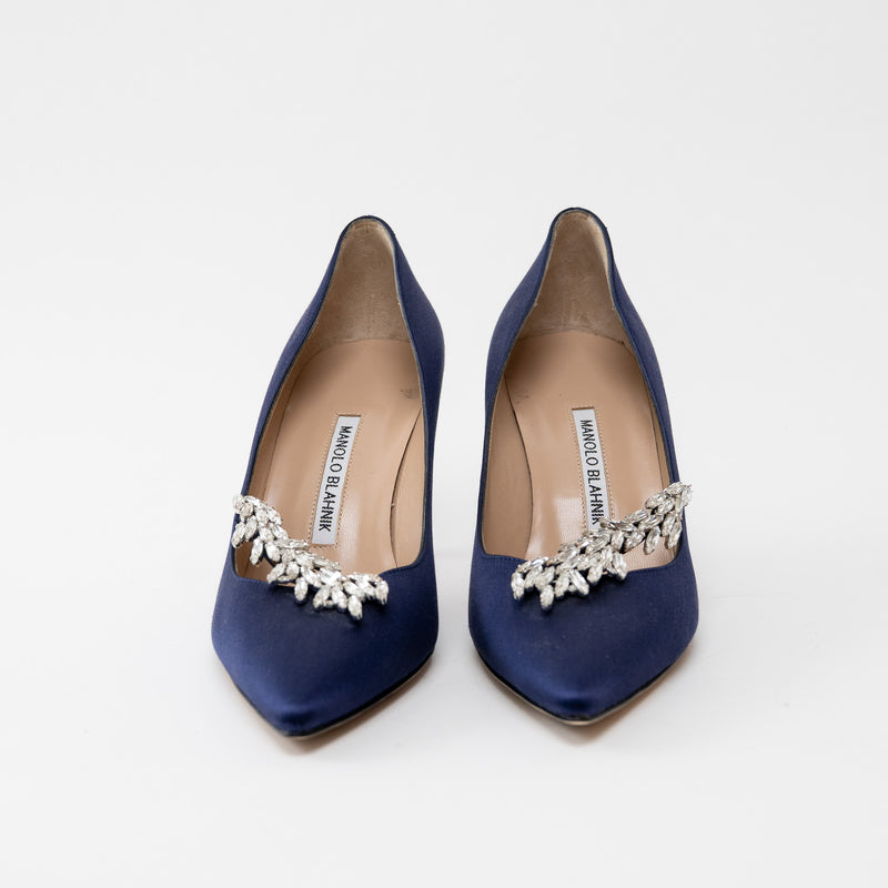 Manolo Blahnik Blue Suede Heels with Crystal Embellishments Size 38