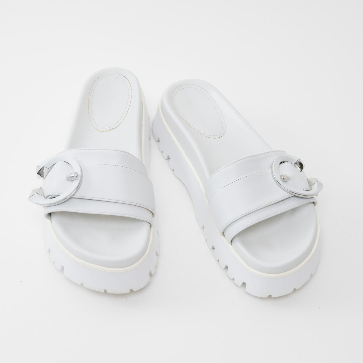 Jimmy Choo White Nappa Leather Slides with White and Silver Buckle 