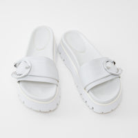 Jimmy Choo White Nappa Leather Slides with White and Silver Buckle 