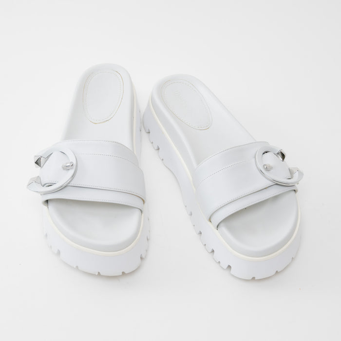 Jimmy Choo White Nappa Leather Slides with White and Silver Buckle 