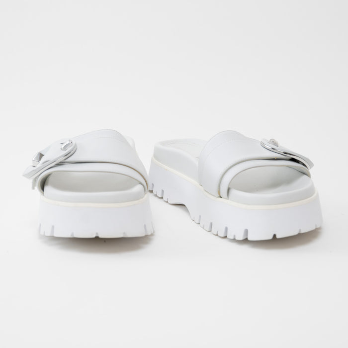 Jimmy Choo White Nappa Leather Slides with White and Silver Buckle Size 38.5