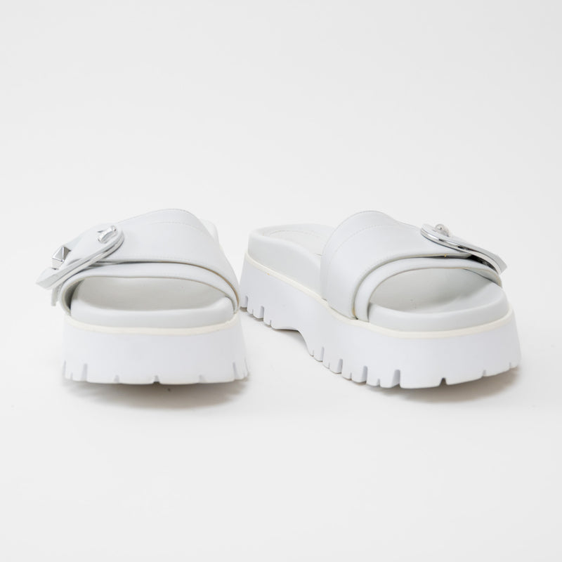 Jimmy Choo White Nappa Leather Slides with White and Silver Buckle Size 38.5