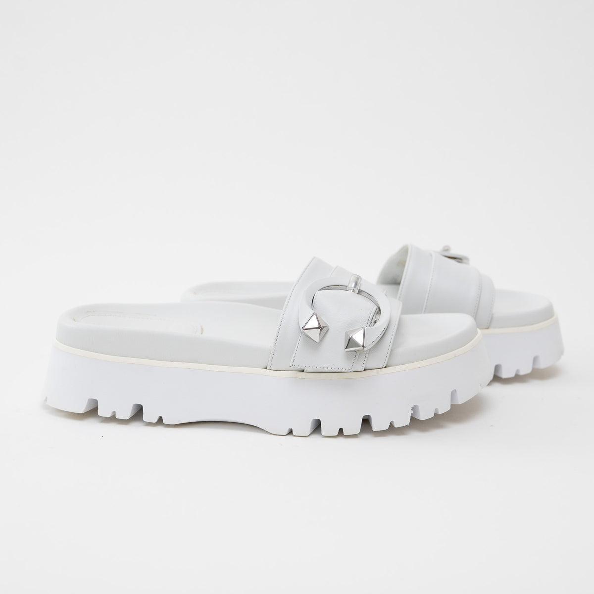 Jimmy Choo White Nappa Leather Slides with White and Silver Buckle Size 38.5