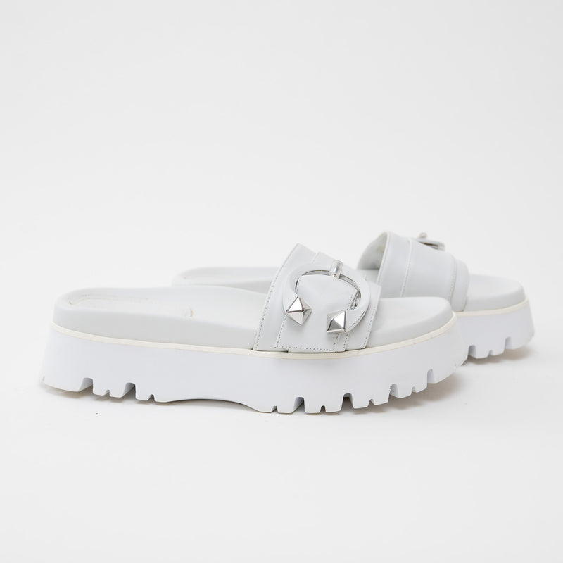 Jimmy Choo White Nappa Leather Slides with White and Silver Buckle Size 38.5