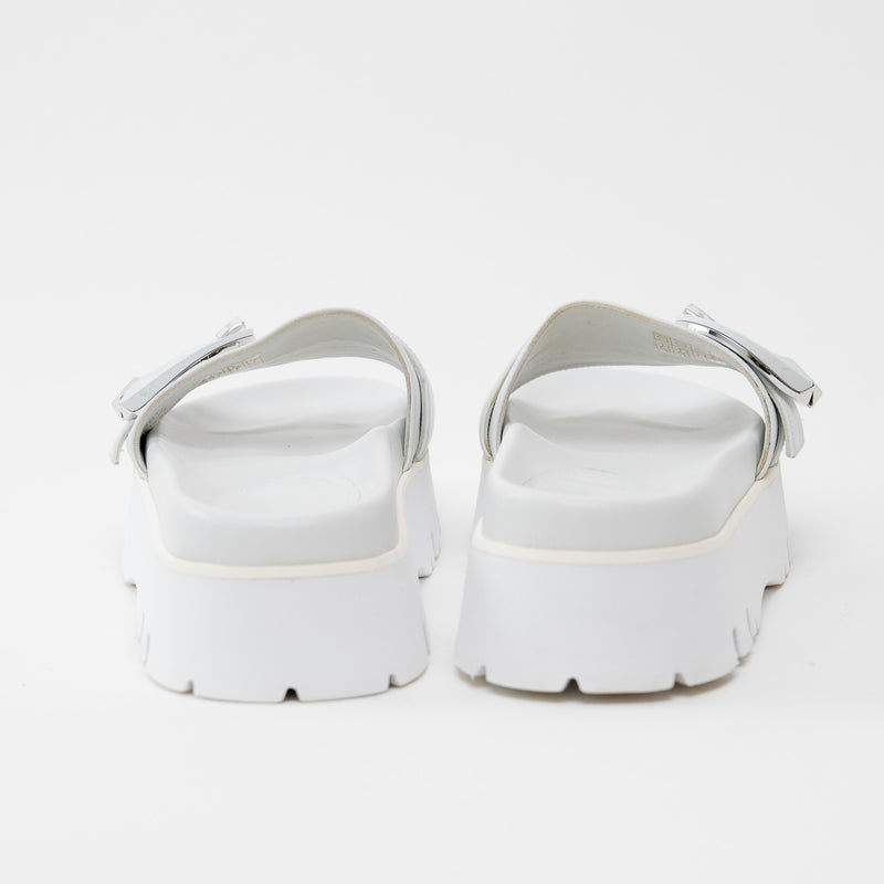 Jimmy Choo White Nappa Leather Slides with White and Silver Buckle Size 38.5