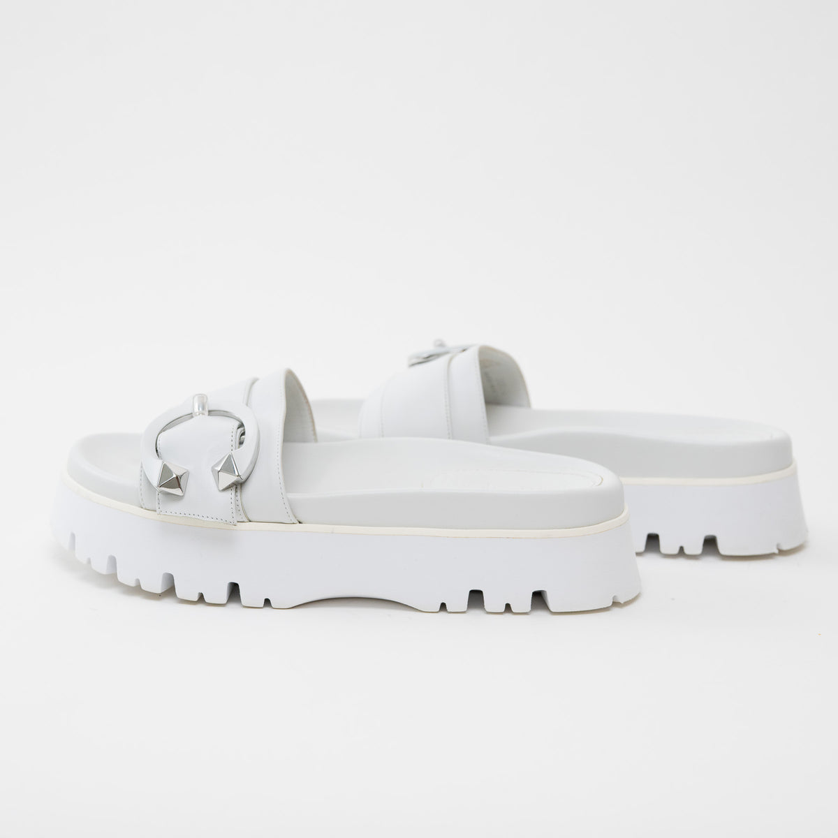 Jimmy Choo White Nappa Leather Slides with White and Silver Buckle Size 38.5